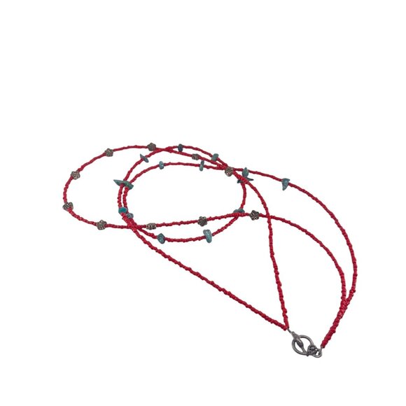 Boho Handcrafted Red & Blue Beaded Necklace With Metal Accents 24" Unbranded - Picture 4 of 6